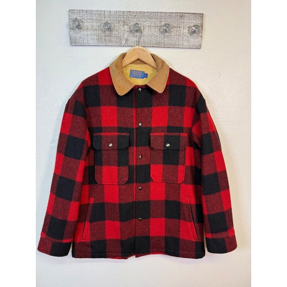 Pendleton Vintage Buffalo Red Plaid Wool Jacket Corduroy Collar Medium Hunting
